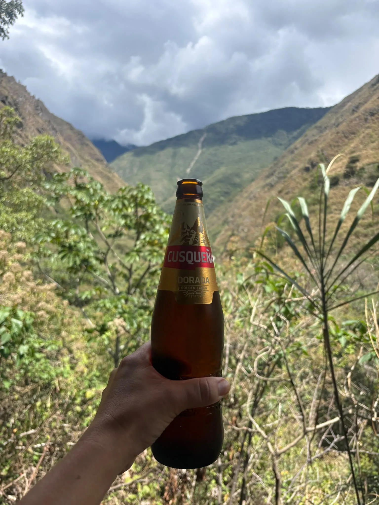 A bottle of Cusqueña Dorada held up against a steep green mountain valley under heavy cloud.