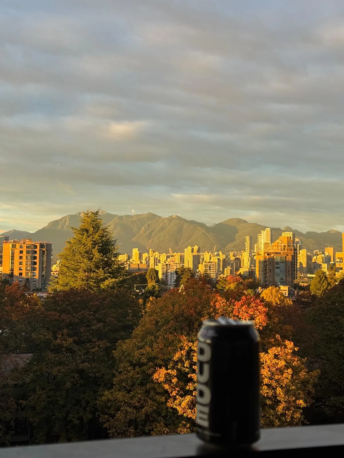 A black can on a balcony ledge in golden evening light, looking over orange autumn treetops to a city skyline and a mountain range.